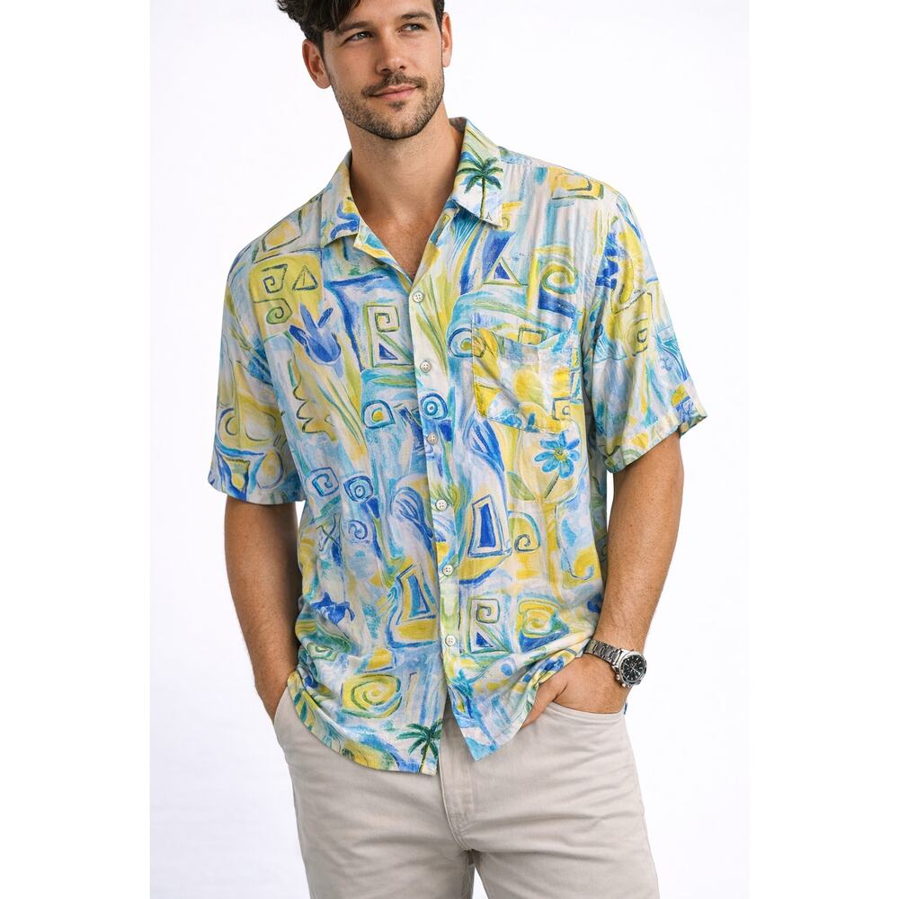 L’Homme Homme Men’s Abstract Print Shirt Rayon Button Up Short Sleeve Lrg 42/44